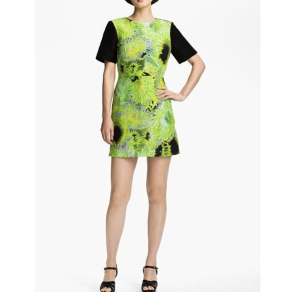 Tibi Athena Neon Green and Black Silk Linen Blend Floral Mini Dress • Size 4 🔴